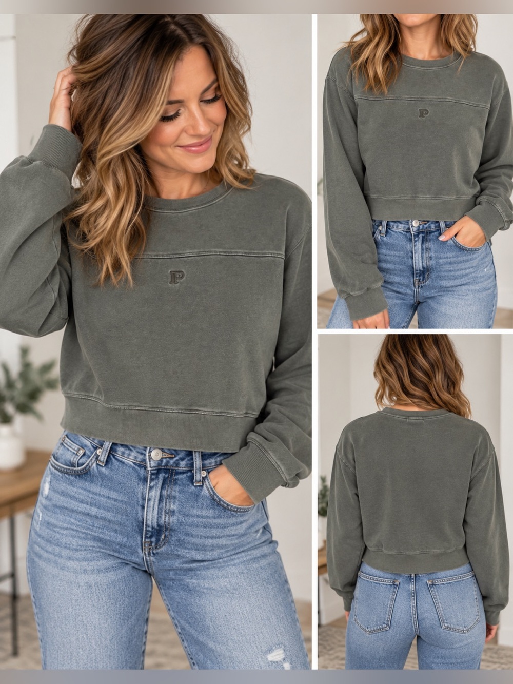 PINK Victoria’s Secret Cropped Sweatshirt Gray Green Washed Size L